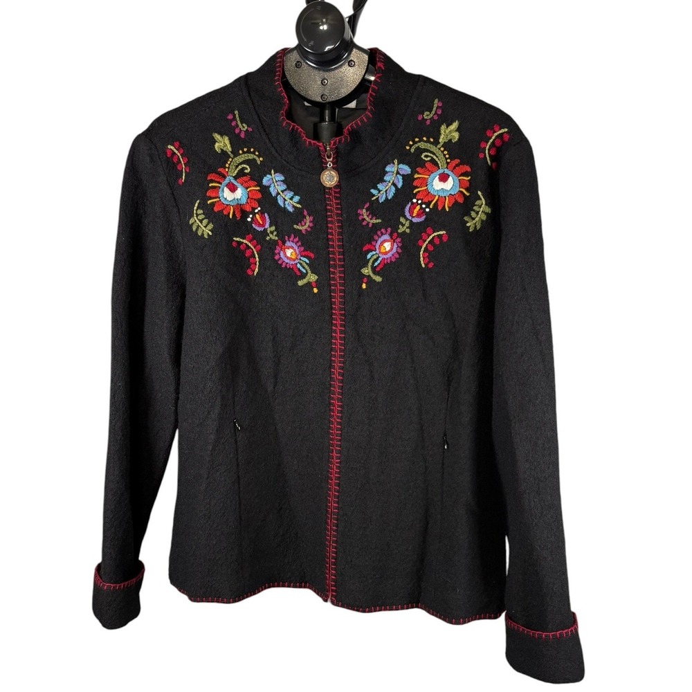 Coldwater Creek Womens Black 100% Wool Floral Embroidered Zip Jacket Large‎ L